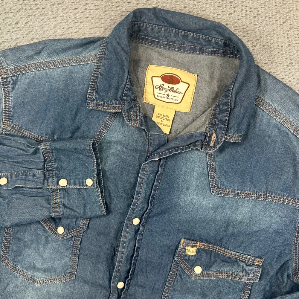 Larry Mahan Denim Western Snap Button Shirt Mens Medium Blue Cowboy Collection